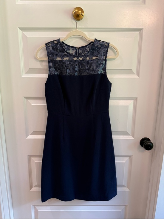 Trina Turk Dresses & Skirts - Trina Turk Navy Blue Sequin Floral Mesh Illusion Neck Shift Dress Size 4